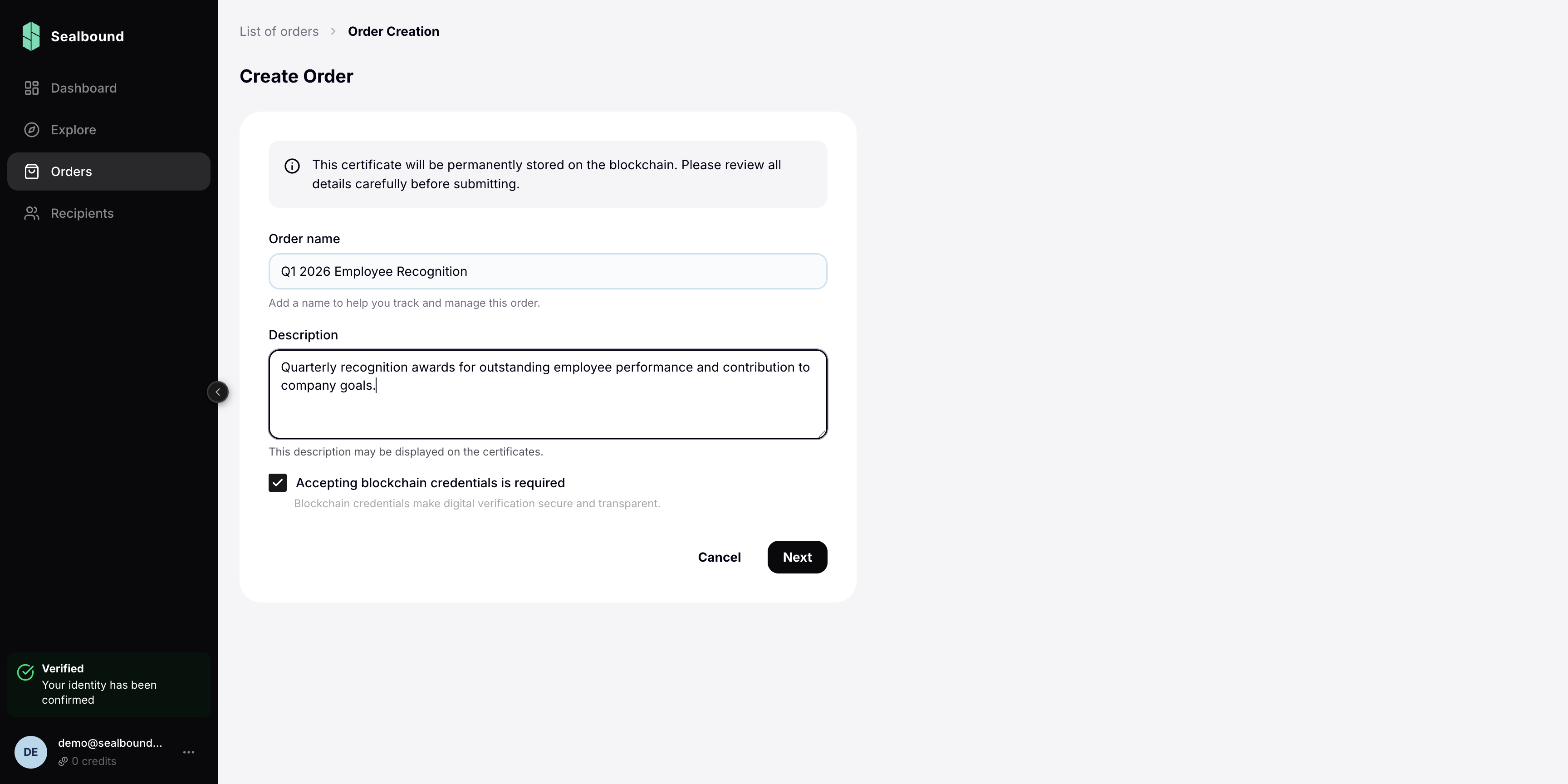Create order